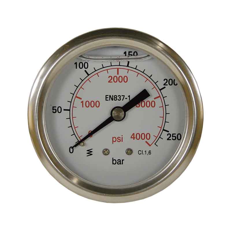 Manometer Eing. 1/4" AG hinten 0 - 100 bar ø 63 mm glyz.ged, Gehäuse Edelstahl