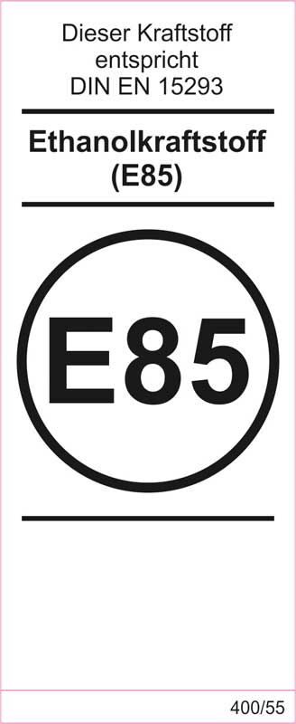 Ethanolkraftstoff E85 - Aufkleber für Zapfsäule (45 x 105 mm)